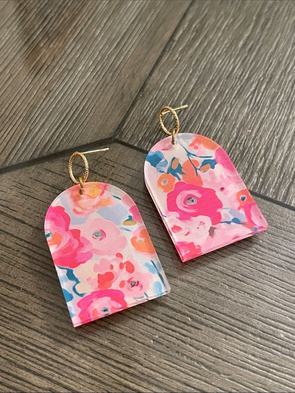 Boutique Style Pink Floral Arch Acrylic Dangle Earrings - Statement Jewelry